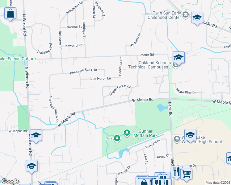 map of restaurants, bars, coffee shops, grocery stores, and more near 2724 Maple Forest Drive in Wixom