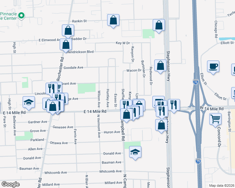 map of restaurants, bars, coffee shops, grocery stores, and more near 224 Essex Street in Clawson
