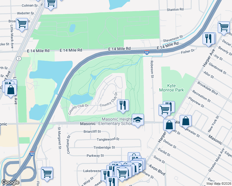map of restaurants, bars, coffee shops, grocery stores, and more near 3216 Country Club Drive in St. Clair Shores