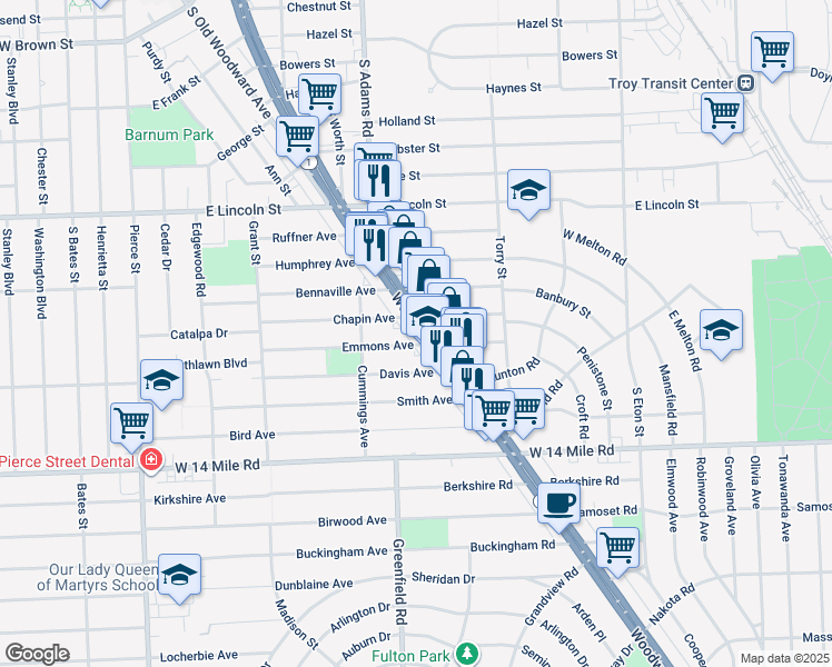 map of restaurants, bars, coffee shops, grocery stores, and more near 339 Woodward Avenue in Birmingham