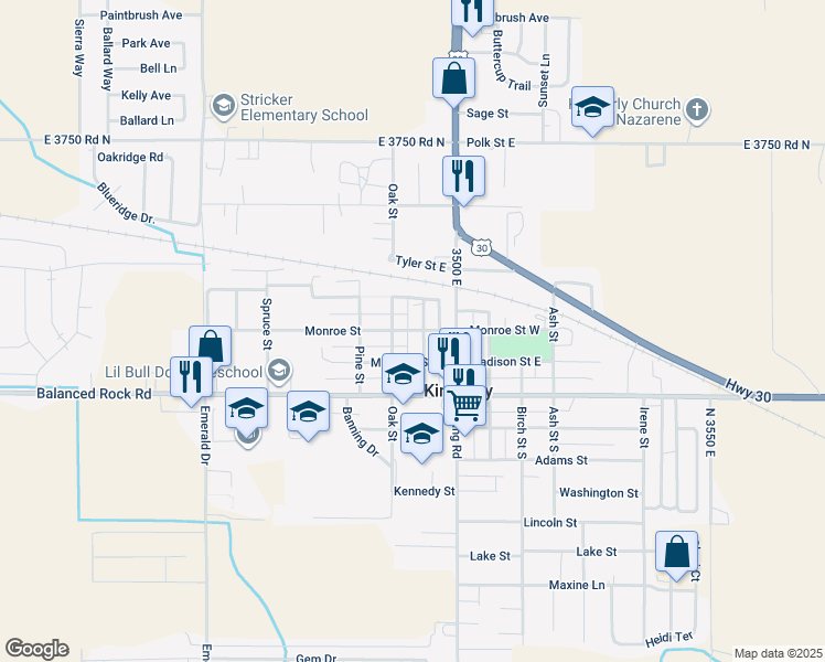 map of restaurants, bars, coffee shops, grocery stores, and more near 133 Monroe Street in Kimberly