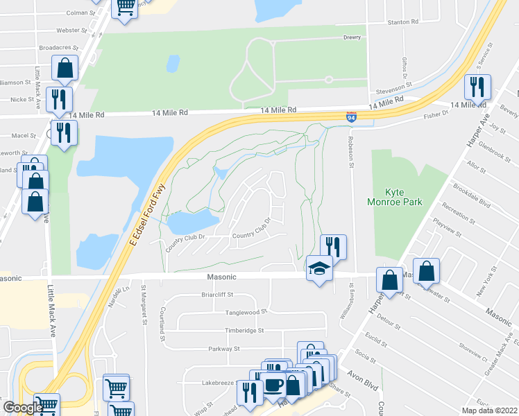 map of restaurants, bars, coffee shops, grocery stores, and more near 3216 Country Club Drive in St. Clair Shores