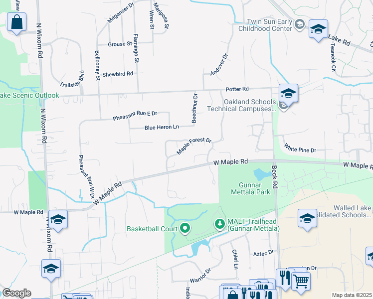 map of restaurants, bars, coffee shops, grocery stores, and more near 2724 Maple Forest Drive in Wixom