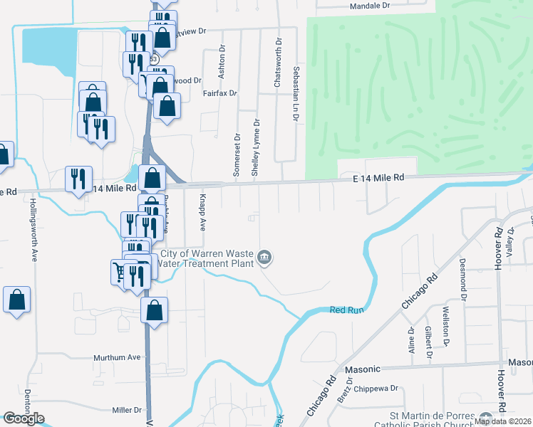 map of restaurants, bars, coffee shops, grocery stores, and more near 32810 Warkop Avenue in Warren