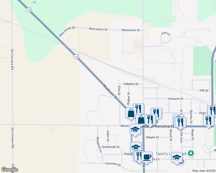 map of restaurants, bars, coffee shops, grocery stores, and more near 458 Madison Street in Walworth