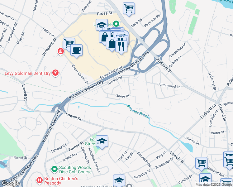 map of restaurants, bars, coffee shops, grocery stores, and more near 27 Shore Drive in Peabody
