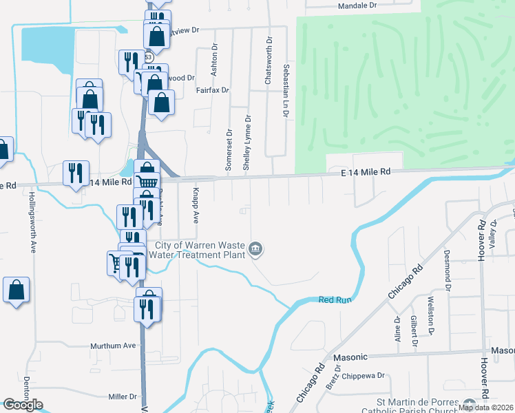 map of restaurants, bars, coffee shops, grocery stores, and more near 32810 Warkop Avenue in Warren