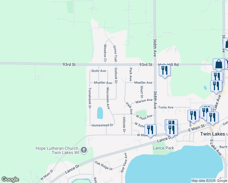 map of restaurants, bars, coffee shops, grocery stores, and more near 537 Outlook Drive in Twin Lakes