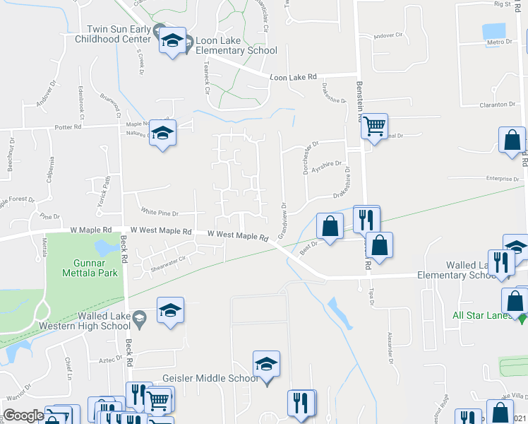 map of restaurants, bars, coffee shops, grocery stores, and more near 5104 Chesapeake Circle in Commerce Charter Township