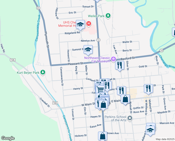 map of restaurants, bars, coffee shops, grocery stores, and more near 16 Miller Street in Norwich