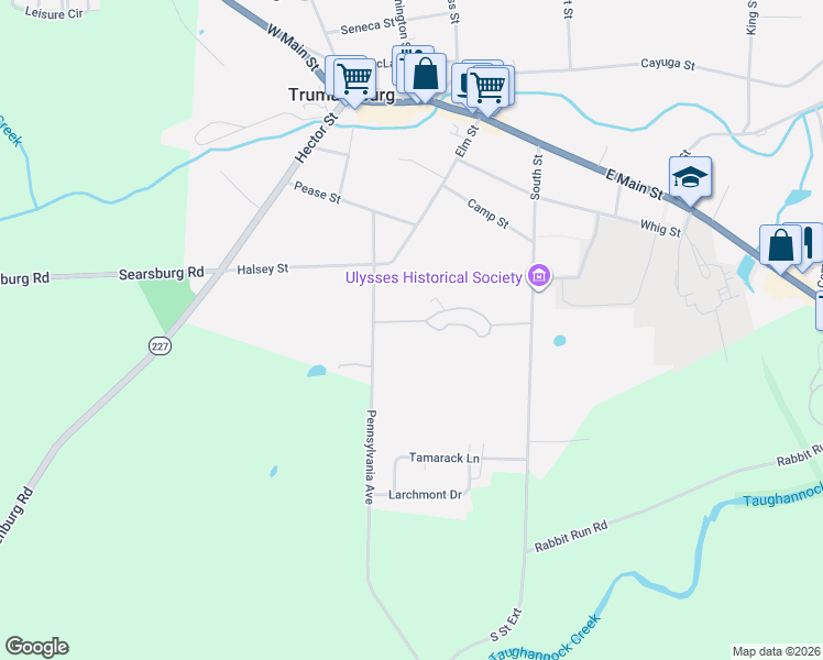 map of restaurants, bars, coffee shops, grocery stores, and more near 213 Pennsylvania Avenue in Trumansburg