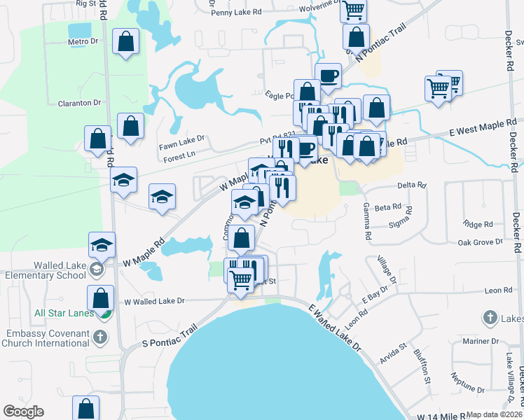 map of restaurants, bars, coffee shops, grocery stores, and more near 579 North Pontiac Trail in Walled Lake