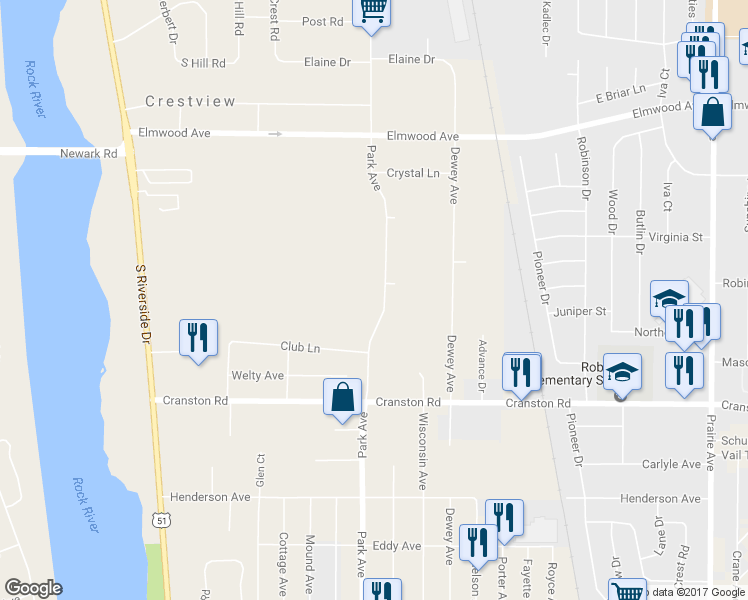 map of restaurants, bars, coffee shops, grocery stores, and more near 2346 Park Avenue in Beloit