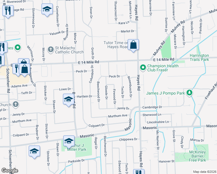 map of restaurants, bars, coffee shops, grocery stores, and more near 14712 Lowe Dr in Warren