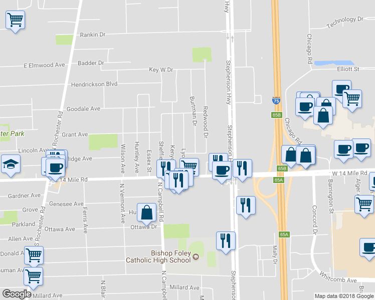map of restaurants, bars, coffee shops, grocery stores, and more near 105 Redwood Drive in Troy