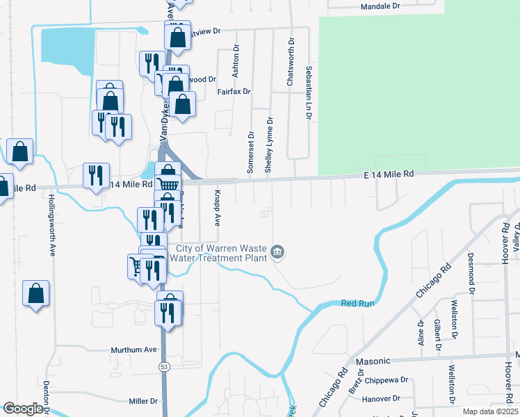map of restaurants, bars, coffee shops, grocery stores, and more near 32830 Winnie Avenue in Warren