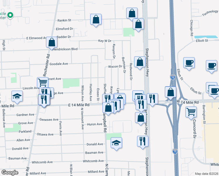 map of restaurants, bars, coffee shops, grocery stores, and more near 201 Kenyon Drive in Troy
