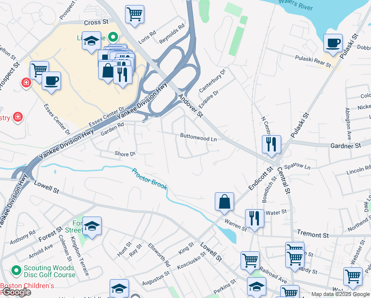 map of restaurants, bars, coffee shops, grocery stores, and more near 4 Rawding Road in Peabody
