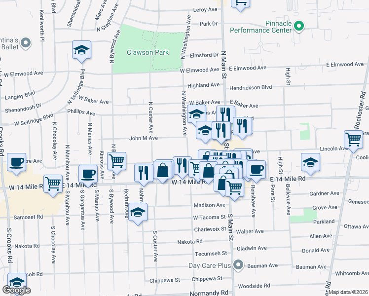 map of restaurants, bars, coffee shops, grocery stores, and more near 311 North Washington Avenue in Clawson