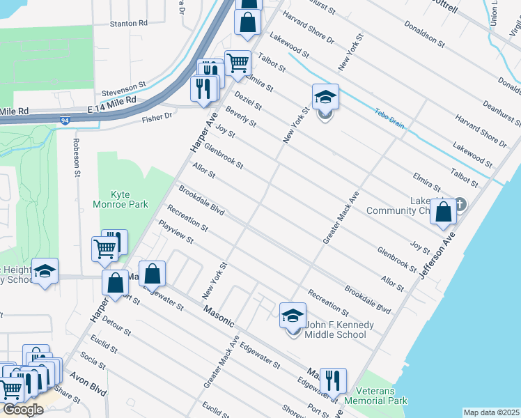 map of restaurants, bars, coffee shops, grocery stores, and more near 23110 Allor Street in St. Clair Shores