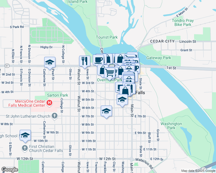 map of restaurants, bars, coffee shops, grocery stores, and more near 308 Franklin Street in Cedar Falls