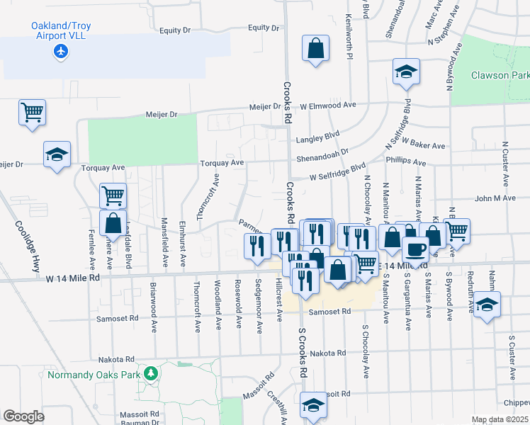 map of restaurants, bars, coffee shops, grocery stores, and more near 4922 Cara Court in Royal Oak