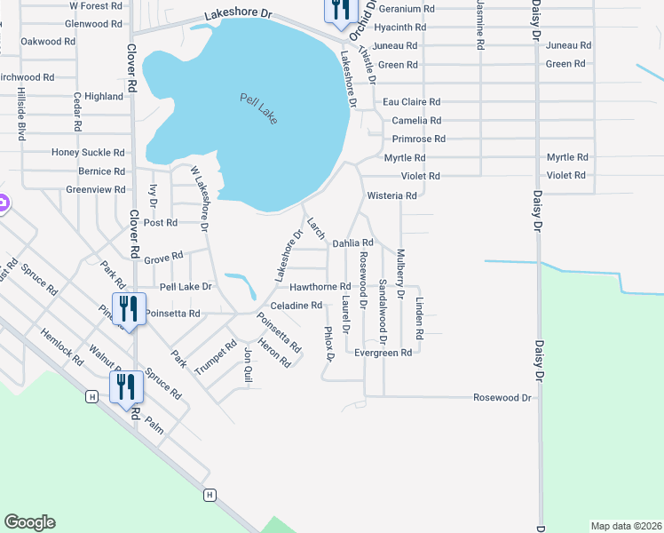 map of restaurants, bars, coffee shops, grocery stores, and more near N1228 Phlox Drive in Genoa City