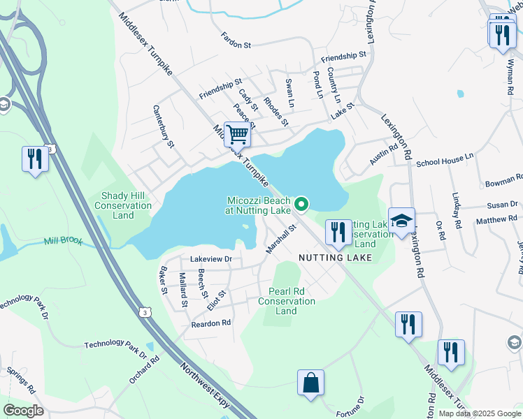 map of restaurants, bars, coffee shops, grocery stores, and more near 7 Mass Avenue in Billerica