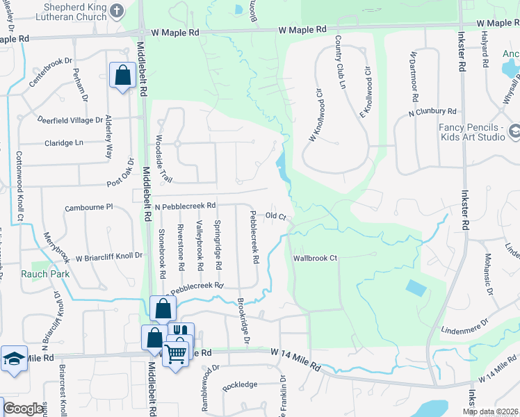 map of restaurants, bars, coffee shops, grocery stores, and more near 7075 Pebblecreek Road in West Bloomfield Township