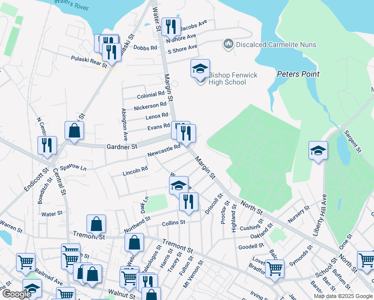 map of restaurants, bars, coffee shops, grocery stores, and more near 44 Margin Street in Peabody