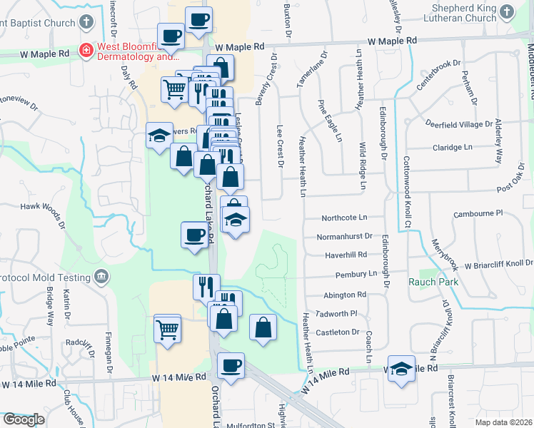 map of restaurants, bars, coffee shops, grocery stores, and more near 7063 Lee Crest Drive in West Bloomfield Township