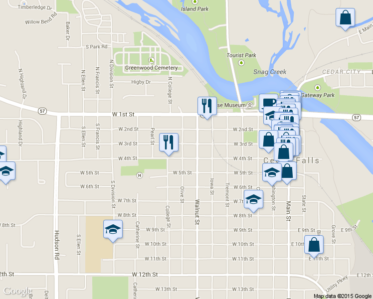 map of restaurants, bars, coffee shops, grocery stores, and more near 310 Olive St in Cedar Falls
