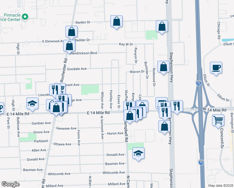 map of restaurants, bars, coffee shops, grocery stores, and more near 224 Essex Street in Clawson
