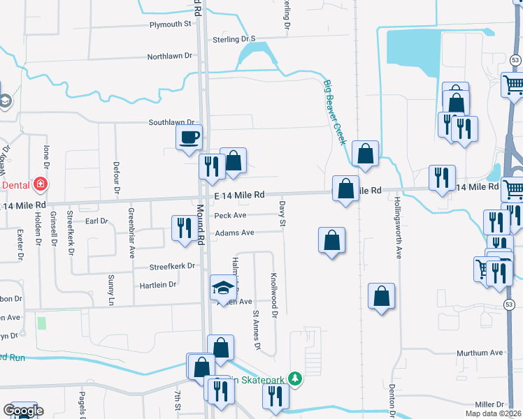 map of restaurants, bars, coffee shops, grocery stores, and more near 6089 Peck Avenue in Warren