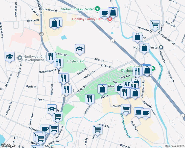 map of restaurants, bars, coffee shops, grocery stores, and more near 9 Morton Street in Leominster