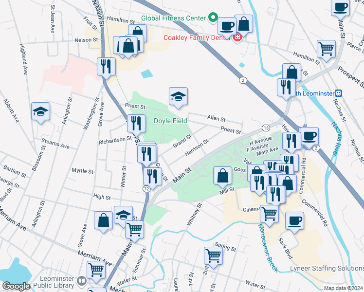map of restaurants, bars, coffee shops, grocery stores, and more near 50 Harrison Street in Leominster