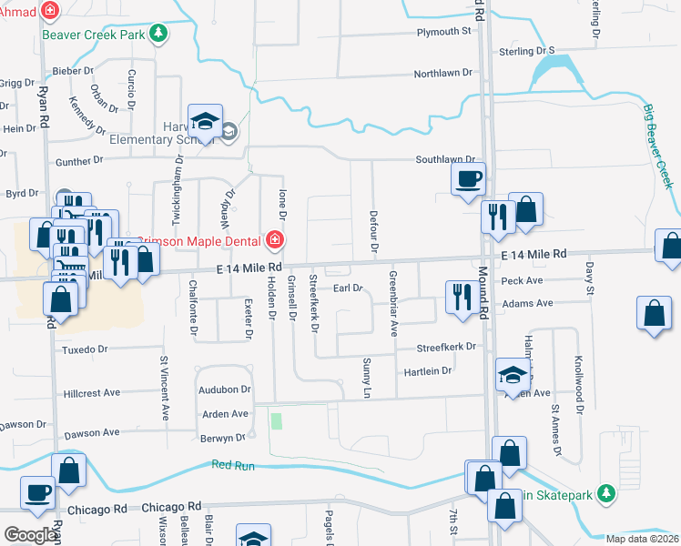 map of restaurants, bars, coffee shops, grocery stores, and more near 5228 East 14 Mile Road in Warren
