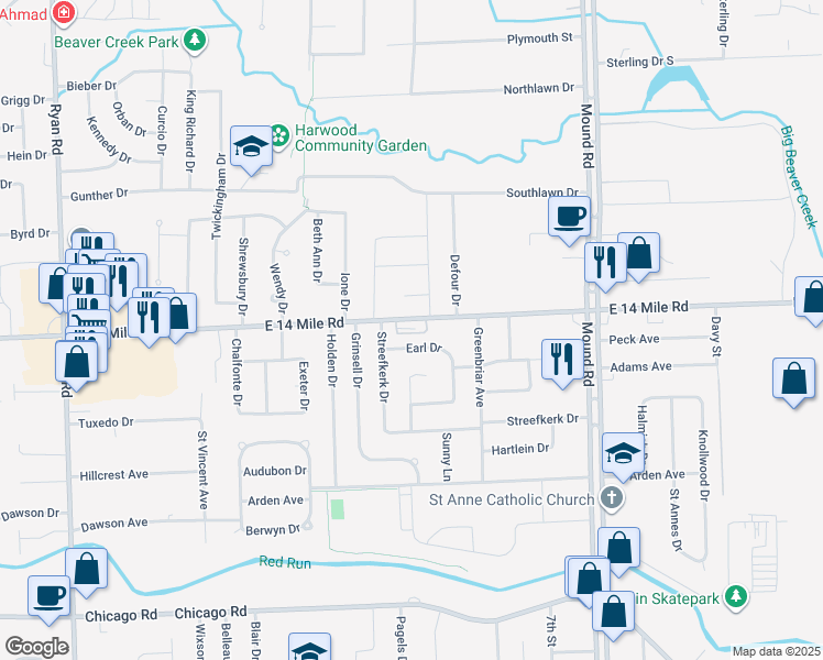 map of restaurants, bars, coffee shops, grocery stores, and more near 5228 East 14 Mile Road in Warren