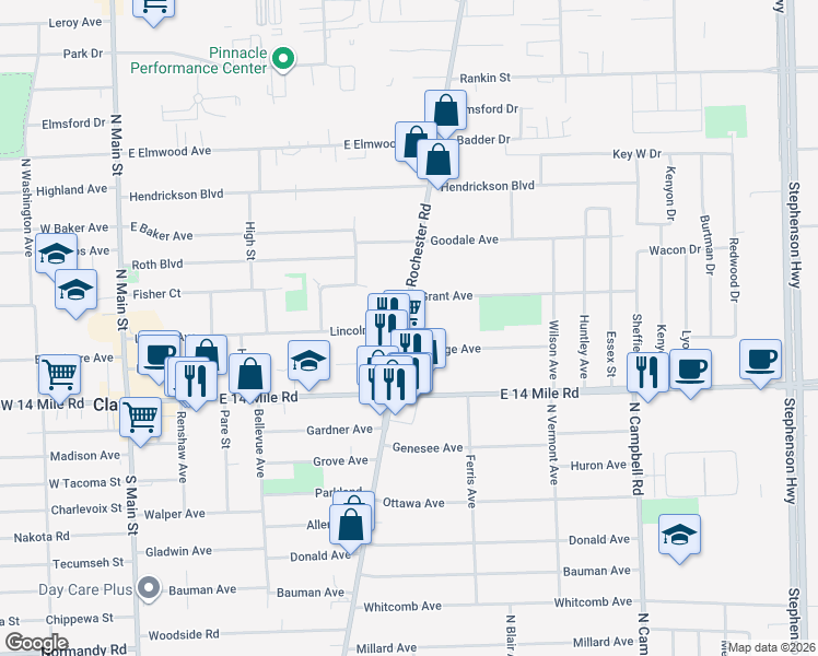 map of restaurants, bars, coffee shops, grocery stores, and more near 769 Coolidge Avenue in Clawson