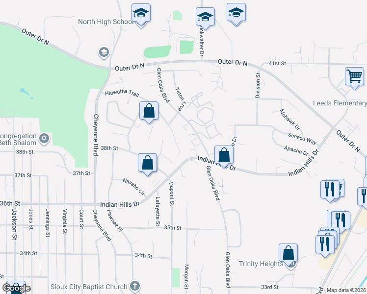 map of restaurants, bars, coffee shops, grocery stores, and more near 1813-1845 Indian Hills Dr in Sioux City