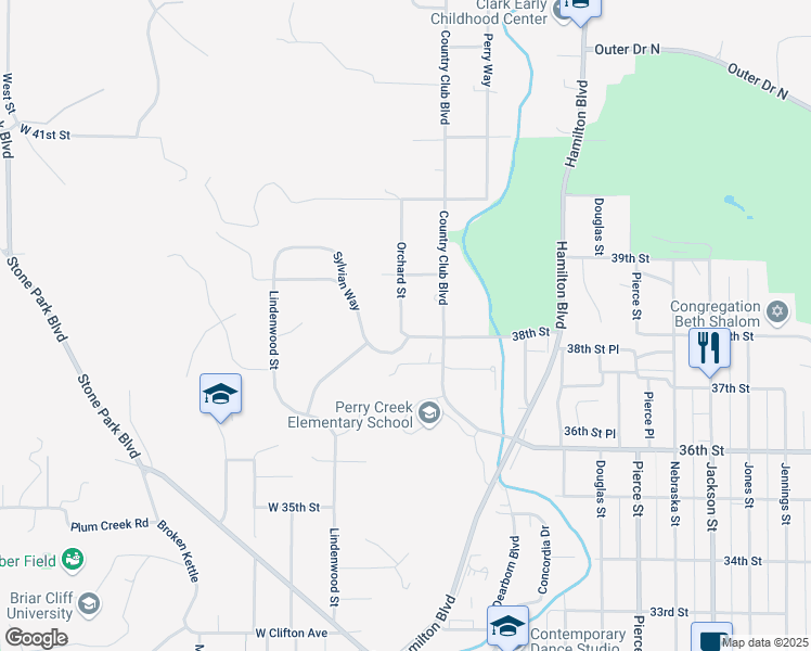 map of restaurants, bars, coffee shops, grocery stores, and more near 101-199 West 38th Street in Sioux City