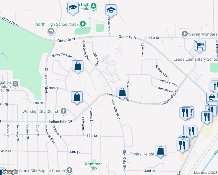 map of restaurants, bars, coffee shops, grocery stores, and more near 3741 Glen Oaks Boulevard in Sioux City