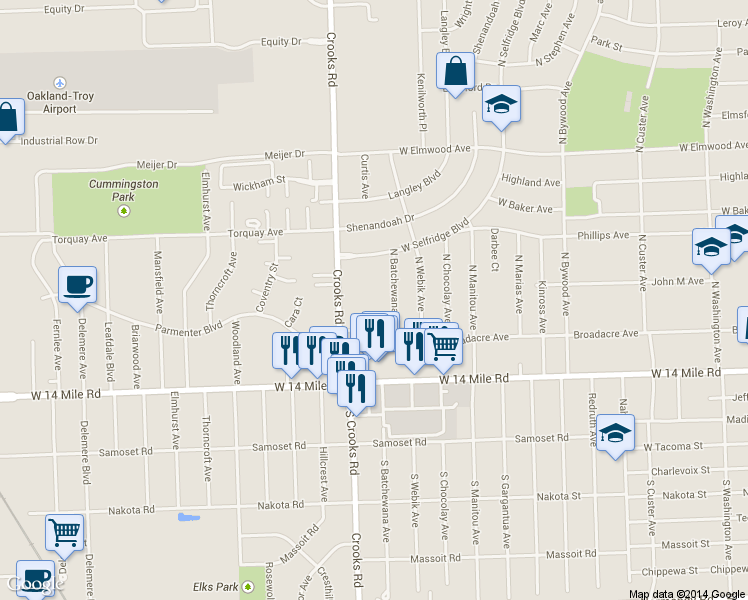 map of restaurants, bars, coffee shops, grocery stores, and more near 360 North Crooks Road in Clawson