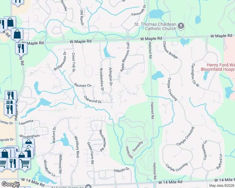 map of restaurants, bars, coffee shops, grocery stores, and more near 7158 Buena Vista Court in Oakland County
