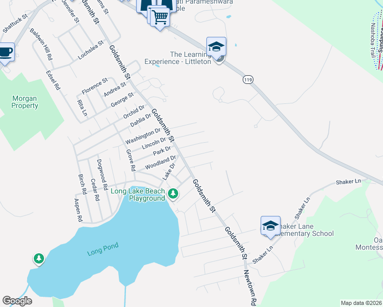 map of restaurants, bars, coffee shops, grocery stores, and more near 5 Oak Road in Littleton