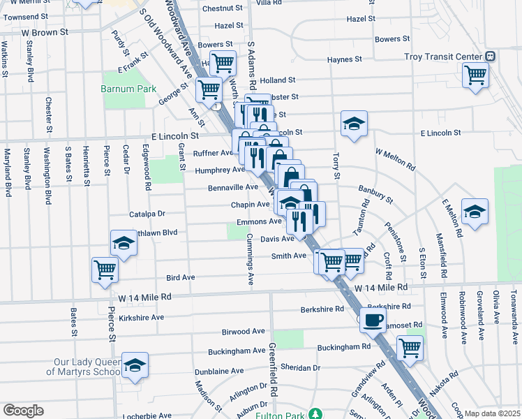 map of restaurants, bars, coffee shops, grocery stores, and more near 1164 Chapin Avenue in Birmingham