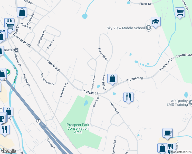 map of restaurants, bars, coffee shops, grocery stores, and more near 39 Sunrise Avenue in Leominster