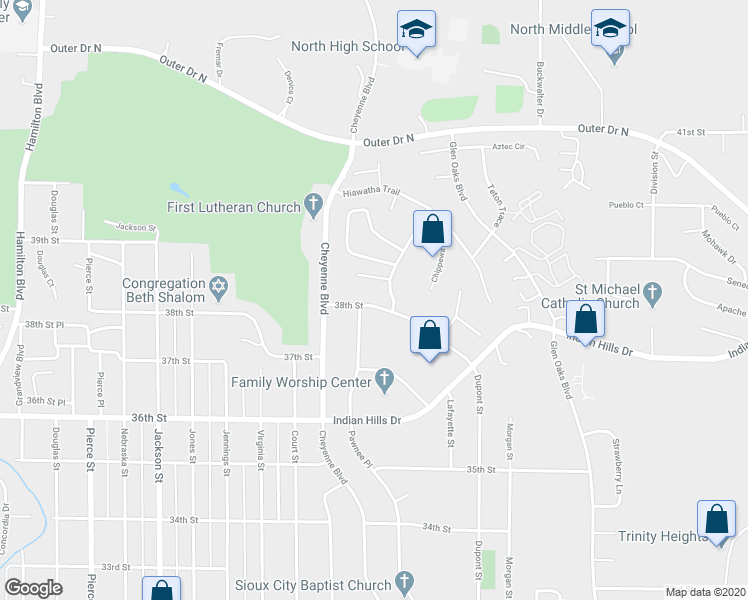 map of restaurants, bars, coffee shops, grocery stores, and more near 1305 38th Street in Sioux City