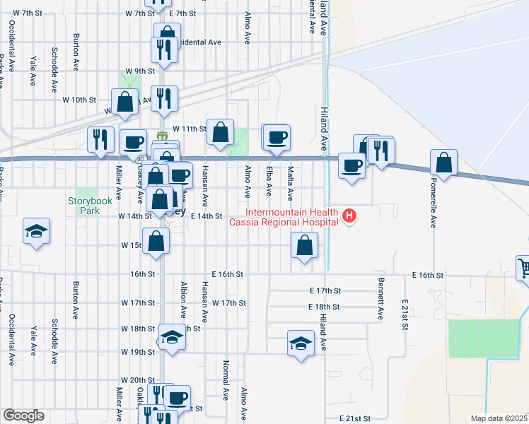 map of restaurants, bars, coffee shops, grocery stores, and more near 1358 Elba Avenue in Burley