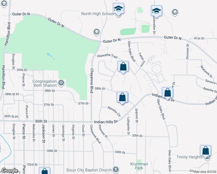 map of restaurants, bars, coffee shops, grocery stores, and more near 1319 38th Street in Sioux City
